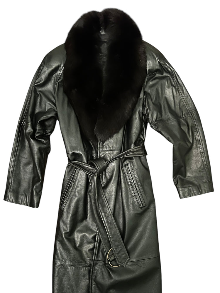 
                  
                    Load image into Gallery viewer, Gorgeous leather trench coat with shoulder pads and fox collar
                  
                