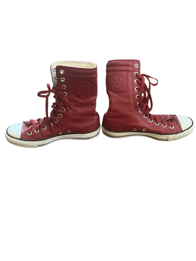 
                  
                    Load image into Gallery viewer, Red Leather high top Converse
                  
                